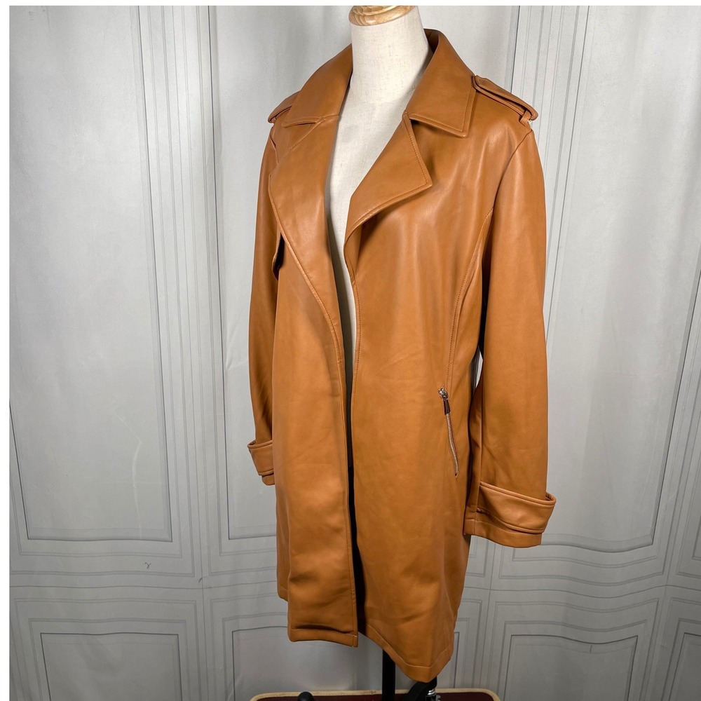Avec Les Filles Faux Leather Camel‎ Trench Coat Jacket Medium - Picture 2 of 14